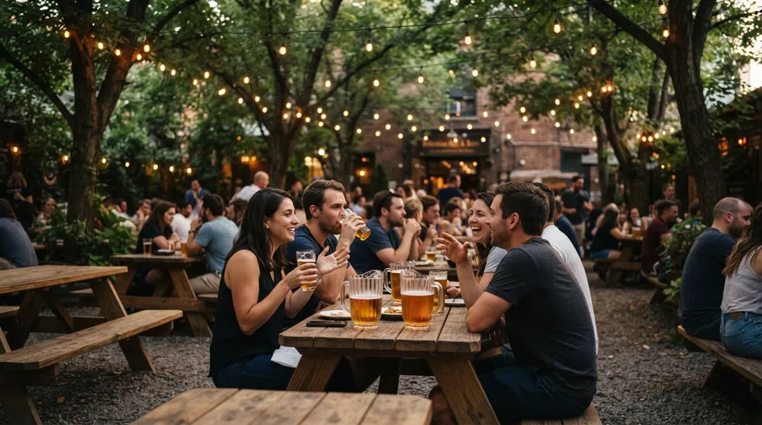 Bohemian Hall & Beer Garden의 나무 그늘 안뜰, 따뜻한 저녁, 나무 테이블 위 체코 라거 피처와 머리 위 스트링 라이트