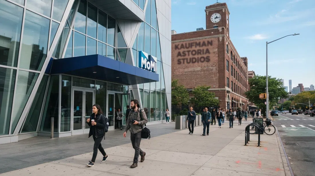 35번가의 Museum of the Moving Image 입구, 현대적인 박물관 파사드와 역사적인 Kaufman Astoria Studios 건물, 주간