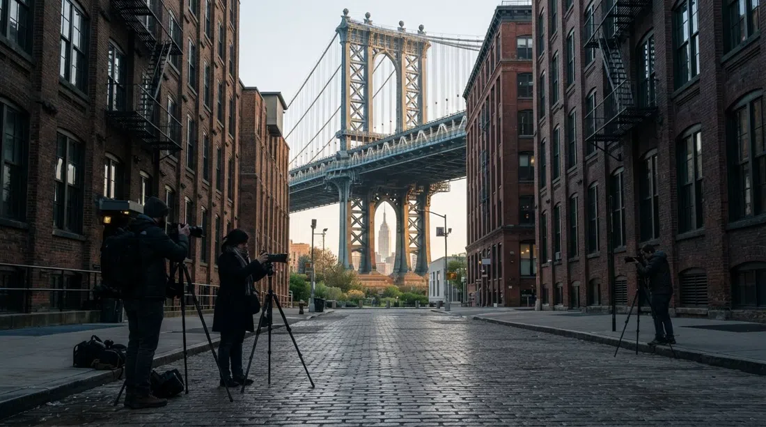 Washington Street og Water Street i DUMBO tidligt om morgenen, Manhattan Bridge perfekt indrammet mellem murstenslagre med Empire State Building synlig i hullet og et par fotografer med stativ i forgrunden