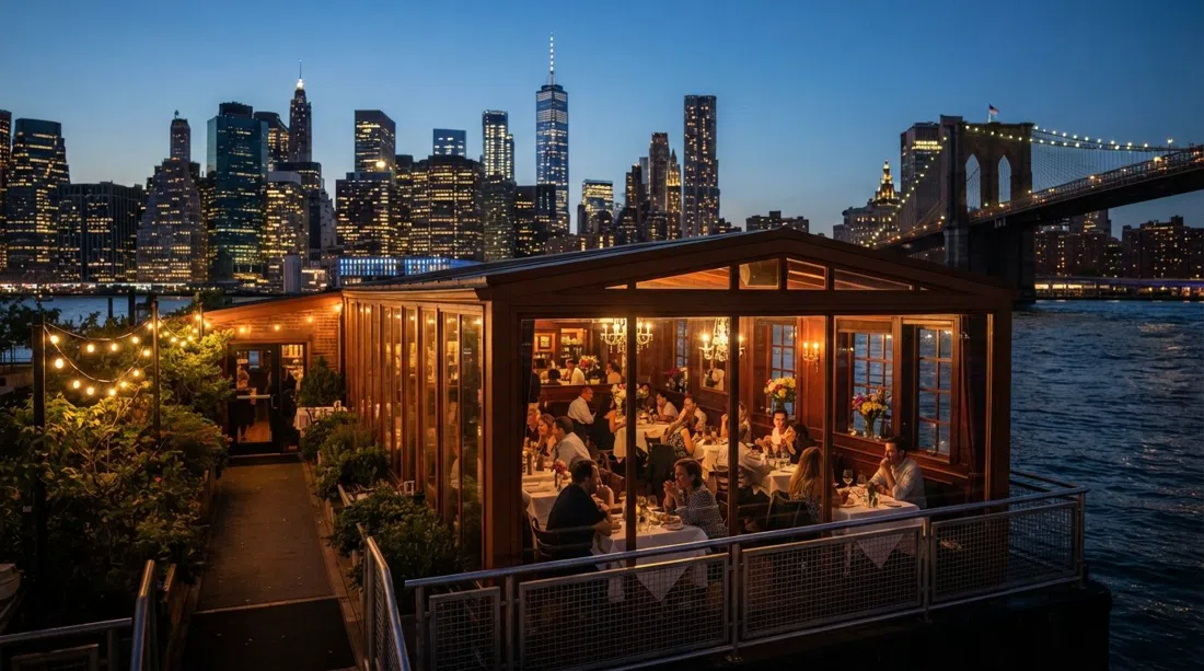 The River Cafe ved skumring på en pram ved 1 Water Street, varme spise-lys gløder mod Manhattan skyline gennem vinduerne