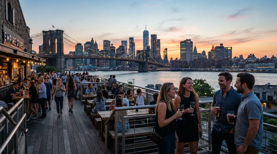 Time Out Market-tagterrassen ved solnedgang, bro-silhuetter og Lower Manhattan der gløder over East River fra femte sal i Empire Stores