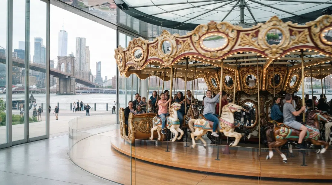 Jane’s Carousel inde i Jean Nouvels glaspavillon i Brooklyn Bridge Park, den restaurerede karrusel fra 1922 gløder i blødt dagslys med East River i baggrunden