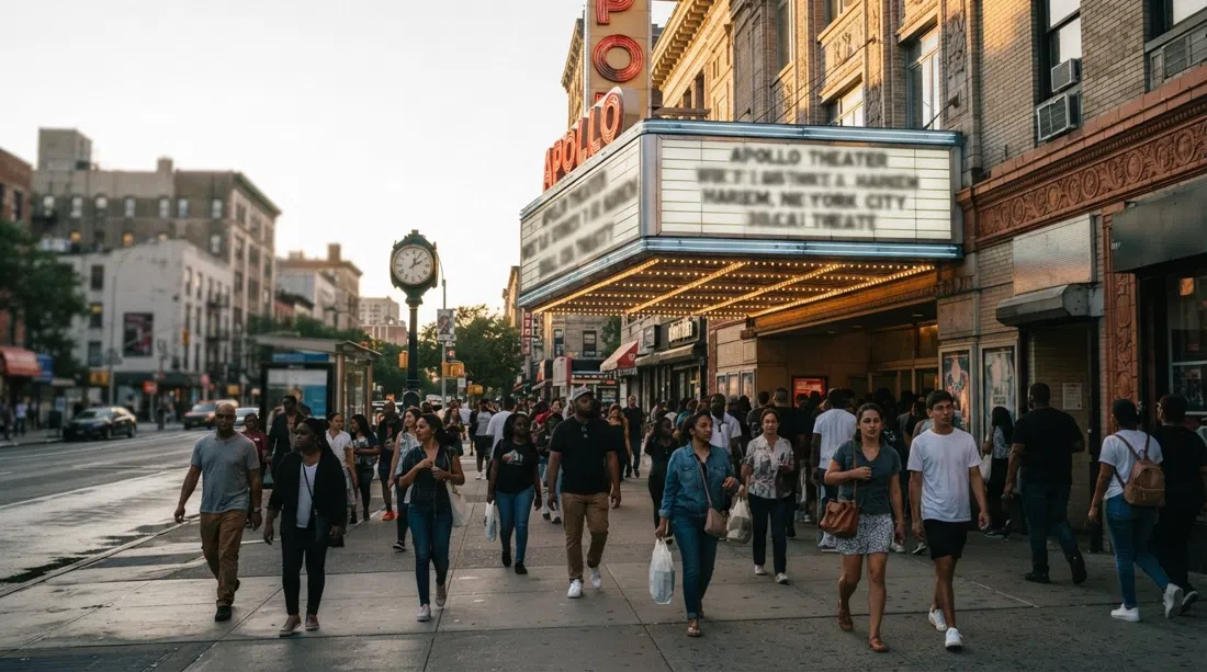 La marquesina del Apollo Theater en la Calle 125 Oeste, una concurrida acera de Harlem debajo y la fachada histórica captando la luz de la tarde