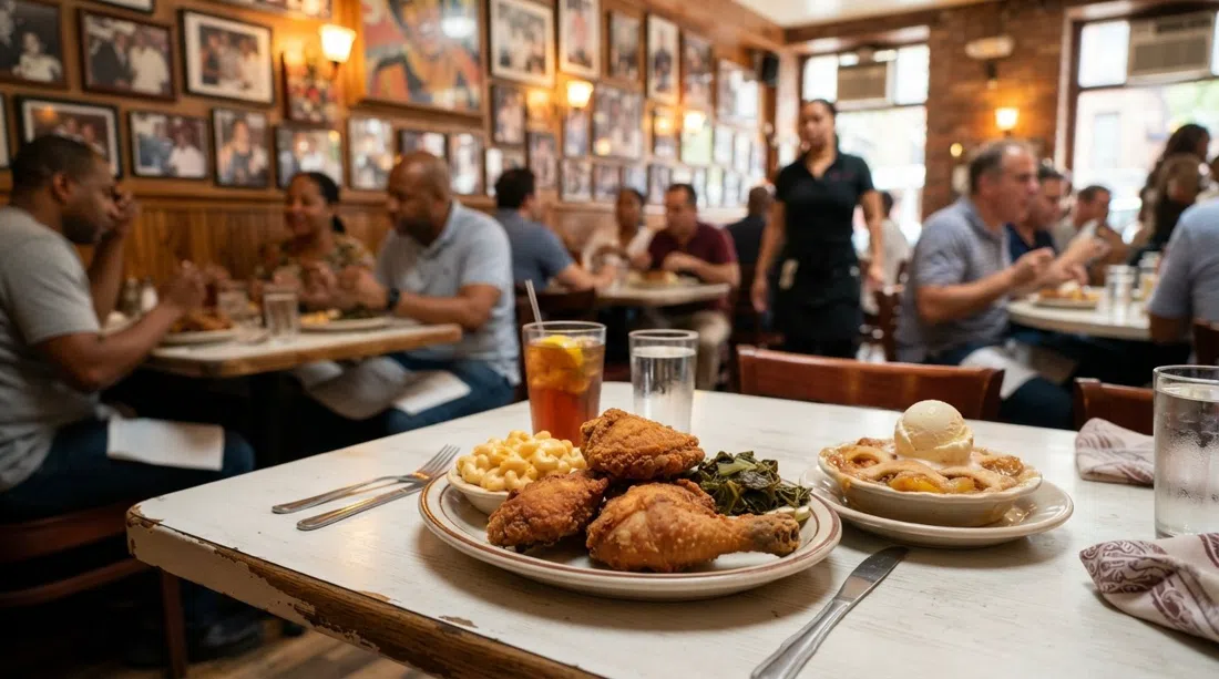 Un plato de pollo frito y pastel de durazno de Sylvia's sobre una mesa blanca, con el bullicio cálido del comedor y fotos enmarcadas suavemente desenfocadas