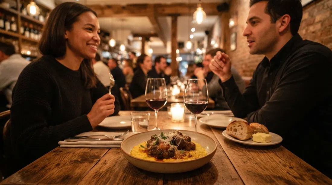 Una mesa iluminada cálidamente en Vinatería con ragú de rabo de toro y risotto de azafrán, copas de vino captando el resplandor de la sala