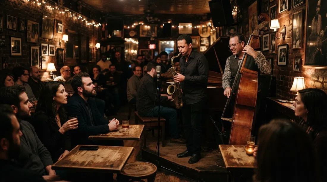 El interior íntimo de piedra rojiza de Bill's Place con un pequeño público de jazz, músicos colocados cerca de la sala principal y una luz de lámpara baja y cálida