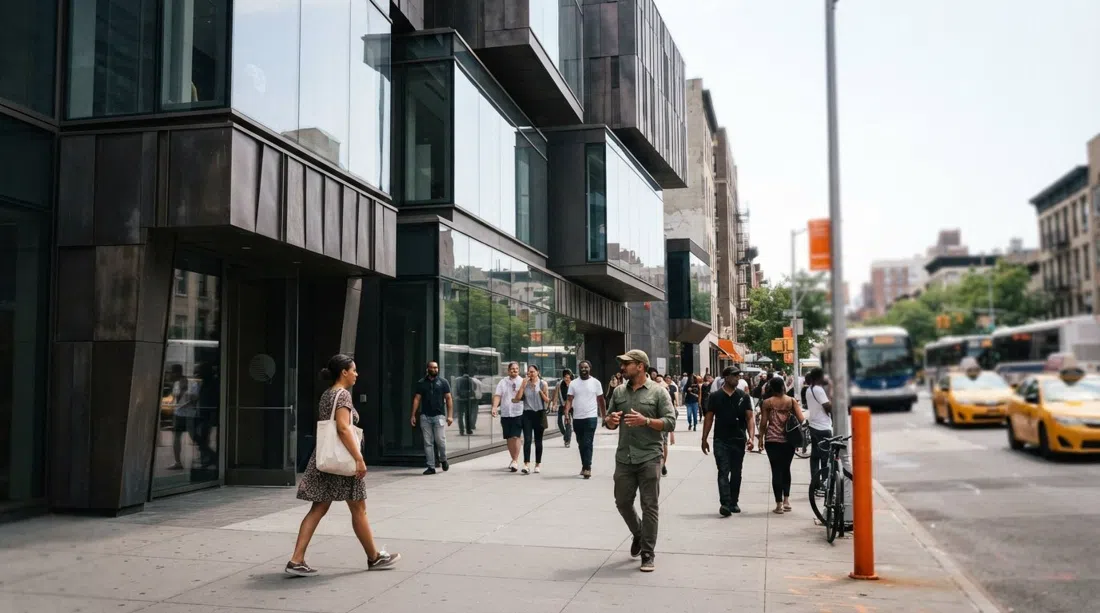 El nuevo Studio Museum en Harlem en la Calle 125 Oeste, líneas de fachada contemporáneas contra la calle y peatones pasando bajo la luz del mediodía