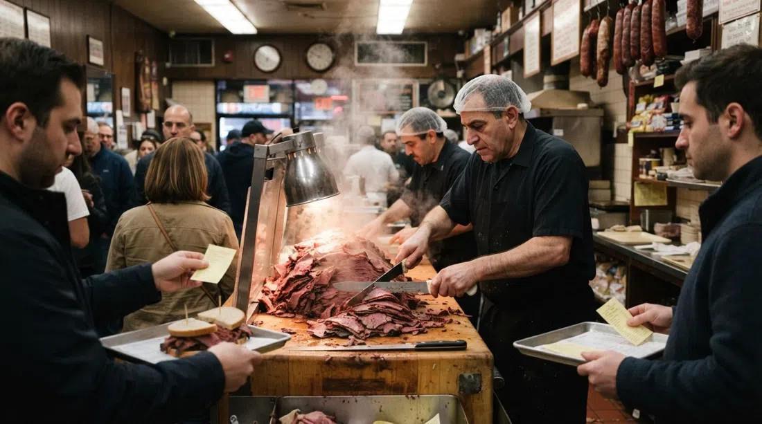 el mostrador de pastrami de Katz's Delicatessen en East Houston Street, vapor elevándose sobre la estación de corte y tickets de papel en mano bajo luces brillantes de delicatessen