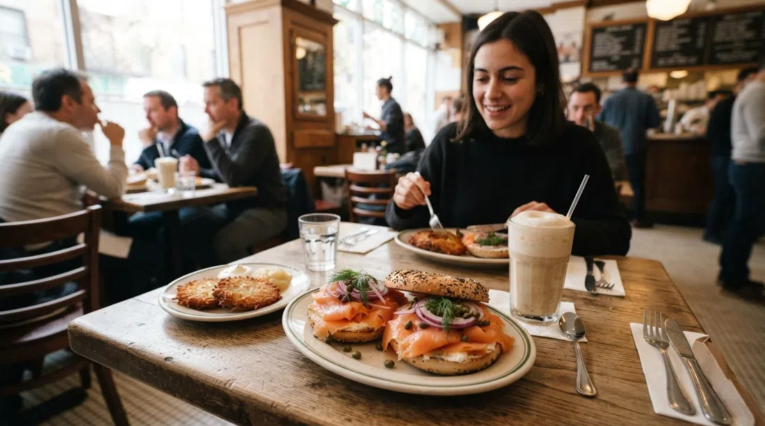 un lox-and-bagels en el café de Russ & Daughters en Orchard Street, pescado ahumado brillando junto a latkes y un egg cream con luz suave