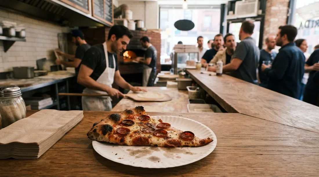 una porción de grano molido en casa en Scarr's Pizza en Orchard Street, corteza ampollada y una porción doblada en un plato de papel cerca del mostrador