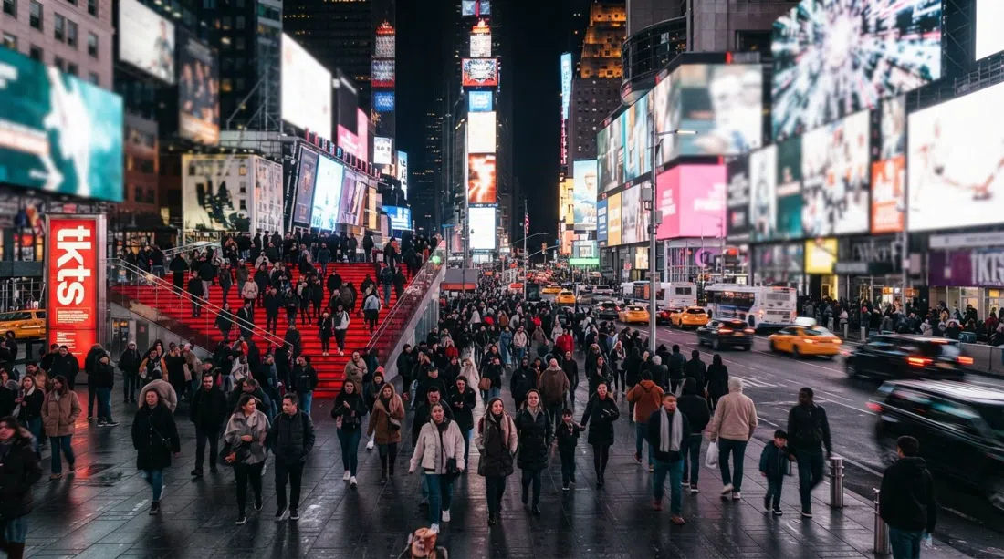 Times Square de noche con carteles animados, multitudes densas y los escalones rojos de TKTS brillando en Father Duffy Square