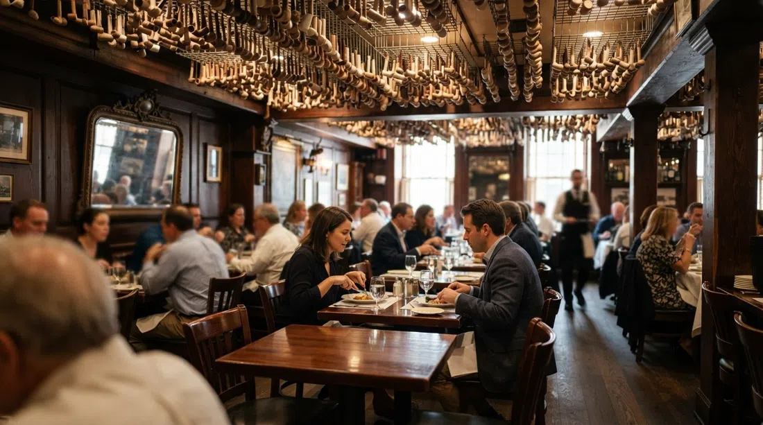 el comedor de Keens Steakhouse con filas de pipas de arcilla colgando del techo y mesas de madera oscura debajo
