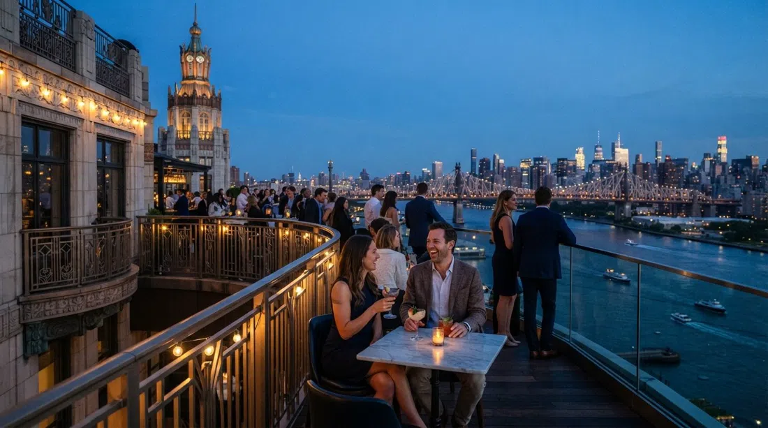 la terraza panorámica de Ophelia en la Beekman Tower al atardecer, con vistas al East River y el horizonte más allá de las barandillas Art Decó