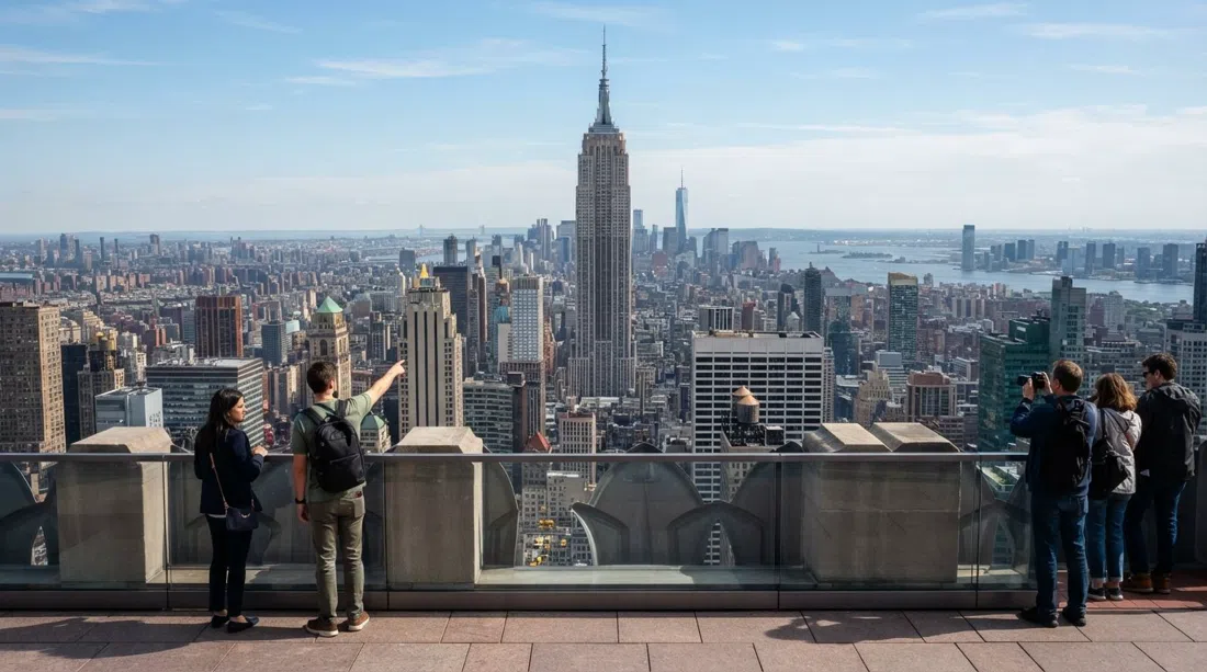 la vista desde Top of the Rock enmarcando el Empire State Building contra el horizonte de Manhattan con luz diurna clara