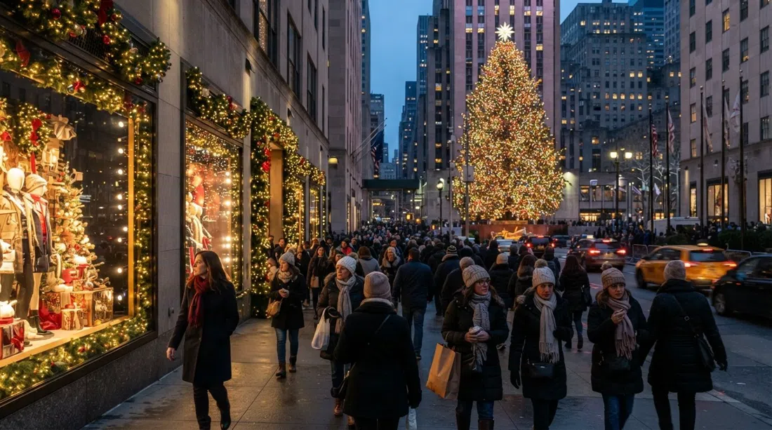 Escaparates navideños de la Quinta Avenida cerca del Rockefeller Center con tiendas iluminadas y peatones al atardecer