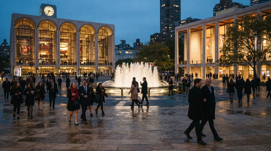 La plaza de travertino y la fuente central del Lincoln Center al atardecer, con asistentes cruzando entre la Met Opera y el David Geffen Hall