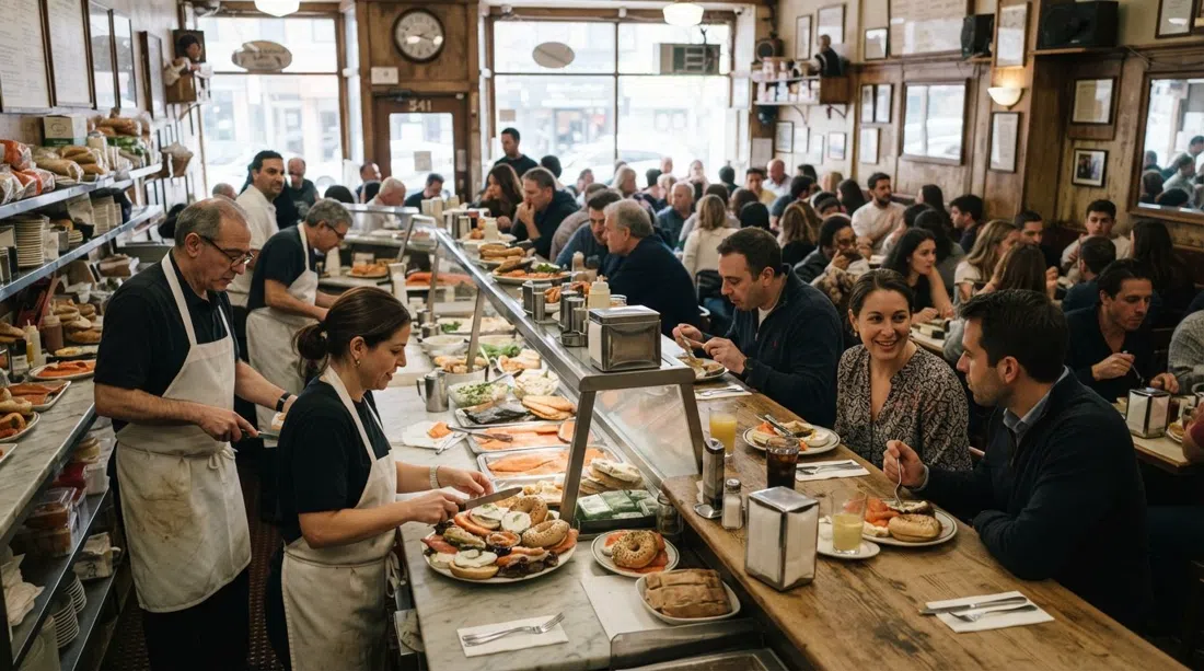 La barra y el comedor abarrotado de Barney Greengrass en Amsterdam, con platos de pescado ahumado y energía de brunch de fin de semana