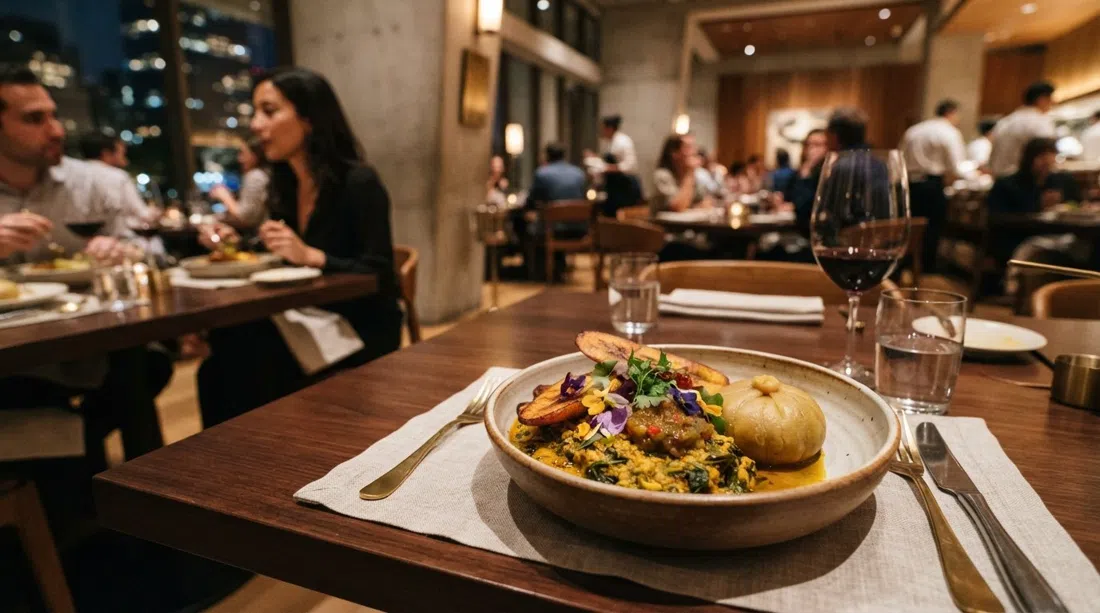 Un plato del menú de degustación afrocaribeño en Tatiana by Kwame Onwuachi, dentro del Lincoln Center, con una elegante iluminación de alta cocina