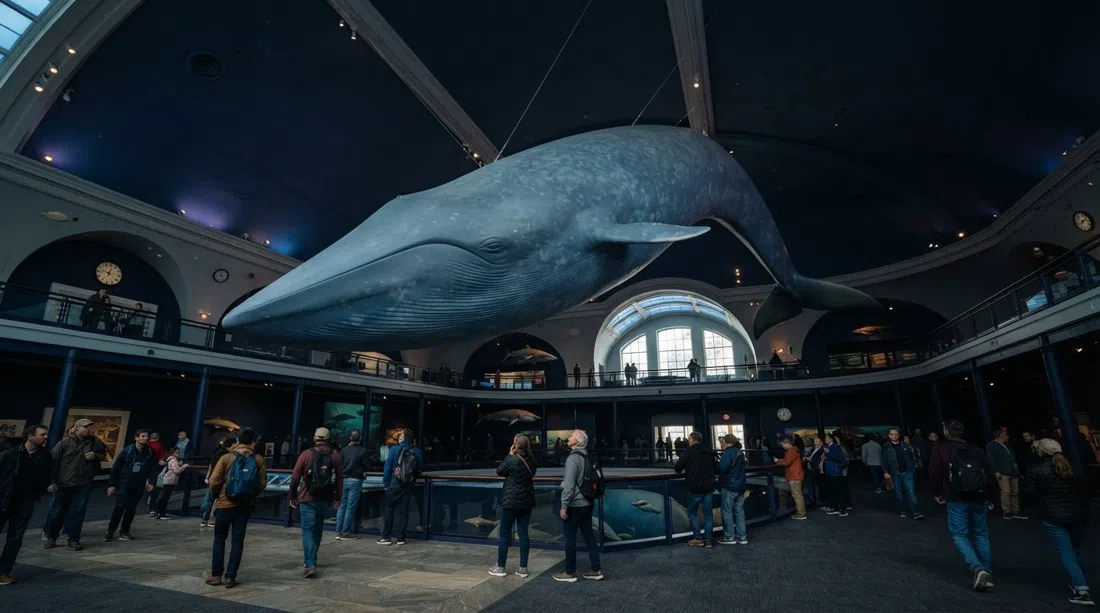La ballena azul suspendida en el Milstein Hall of Ocean Life del Museo Americano de Historia Natural, vista desde abajo