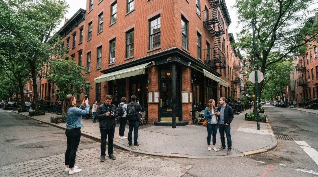90 Bedford Street an der Ecke Bedford und Grove im West Village, rotbacksteinige Fassade mit Little Owl im Erdgeschoss und einer kleinen Menschentraube, die sich bei Tageslicht für Fotos versammelt