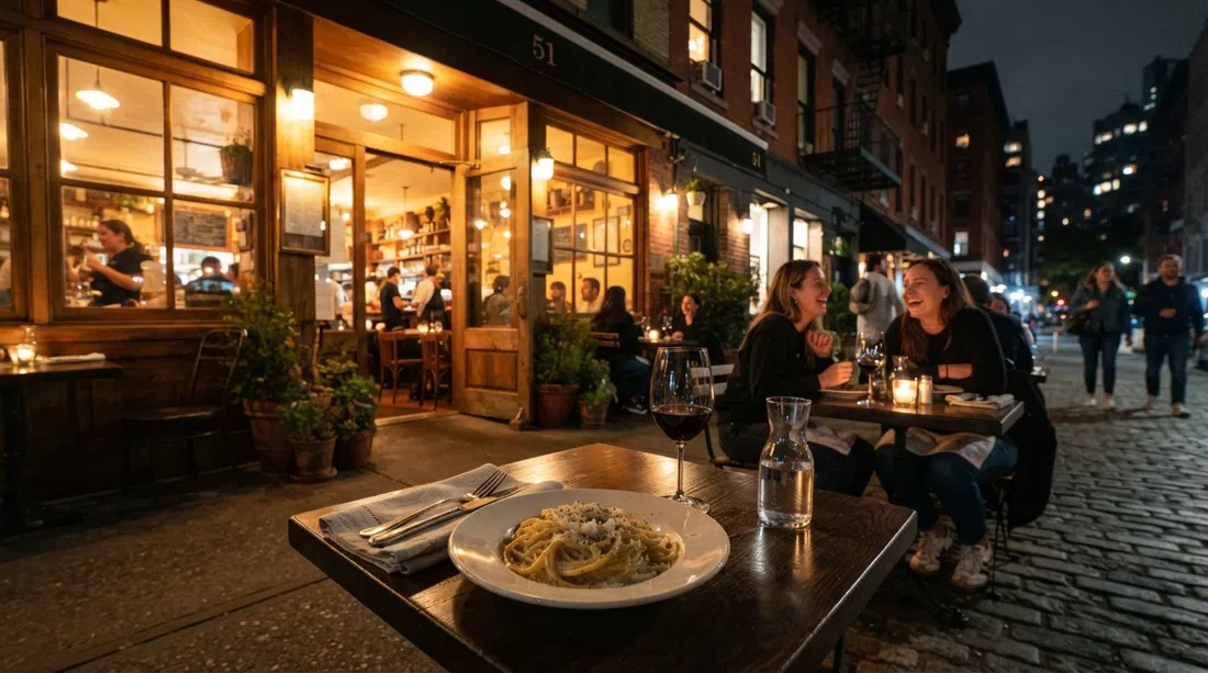 Via Carota in der Grove Street, intimes Trattoria-Esszimmer, Licht ergießt sich auf den Gehweg, im Vordergrund ein Teller Tonnarelli cacio e pepe
