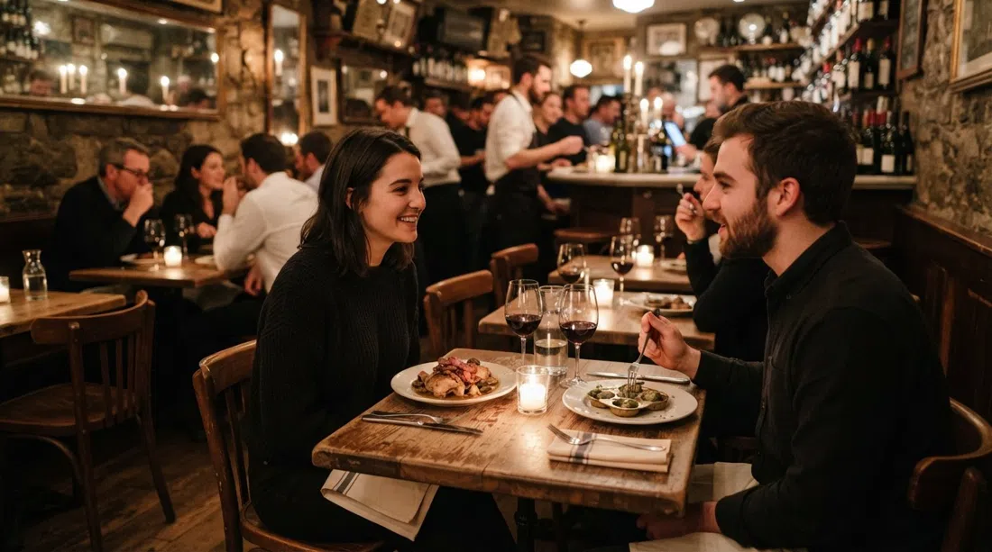 das kerzenbeleuchtete Innere der Buvette an der Grove, enge französische Bistrotische mit Coq au vin und Escargots auf dem Tisch