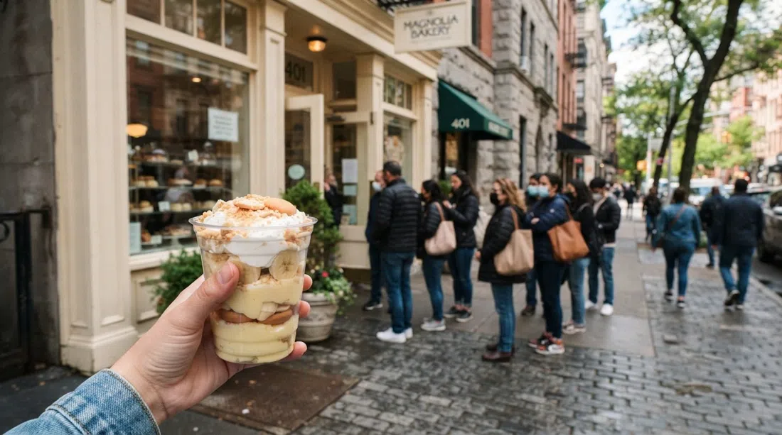 Magnolia Bakery in der Bleecker 401, eine Schlange vor der ursprünglichen Bäckerei und ein Nahaufnahme von Bananenpudding in einem durchsichtigen Becher