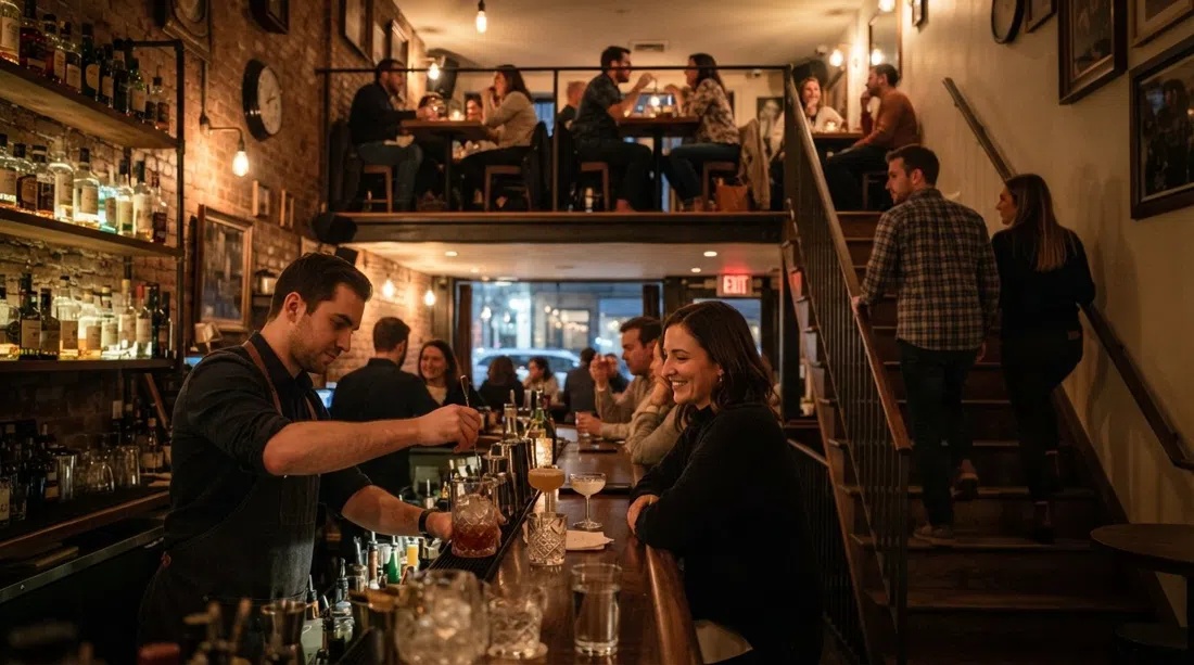 Sip & Guzzle in der Cornelia Street, zweistöckige Bar-Atmosphäre mit präzisen Cocktails unten und Wagyu-Fett-Popcorn oben unter warmem Abendlicht