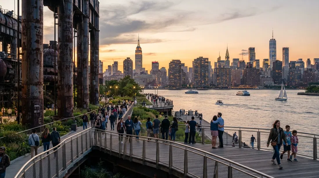 Domino Park al atardecer en el East River, el skyline de Manhattan al otro lado del agua, la pasarela elevada y las columnas rescatadas de la refinería en primer plano