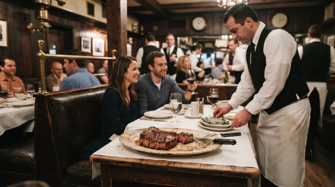 el comedor de paneles de madera en Peter Luger Steak House, un porterhouse en un plato de servir bajo luz cálida, servicio de la vieja escuela y cabinas oscuras