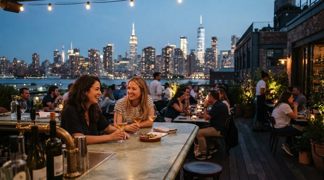 la terraza en la azotea de Bar Blondeau en el Wythe Hotel, mármol verde pálido, copas de vino natural y el skyline de Manhattan al atardecer