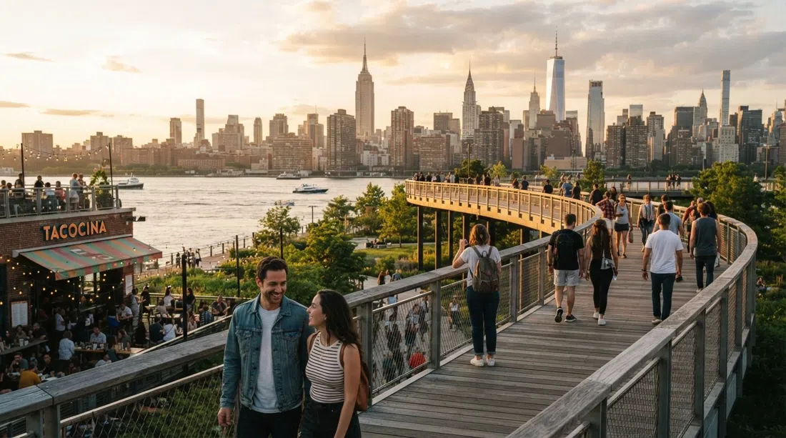 Visitantes en la pasarela elevada sobre Tacocina en Domino Park durante la hora dorada, el East River y el skyline de Manhattan al fondo