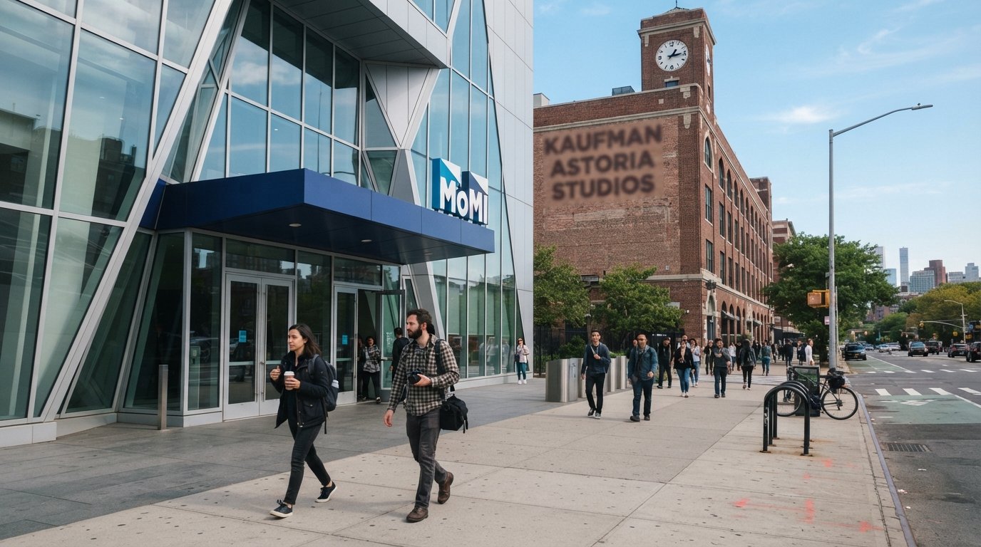 the Museum of the Moving Image entrance at 35th Ave, modern museum facade against the historic Kaufman Astoria Studios building in daylight